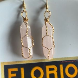 Crystal pillar pendant rose pink quartz earrings yogi handmade gold plated hooks
